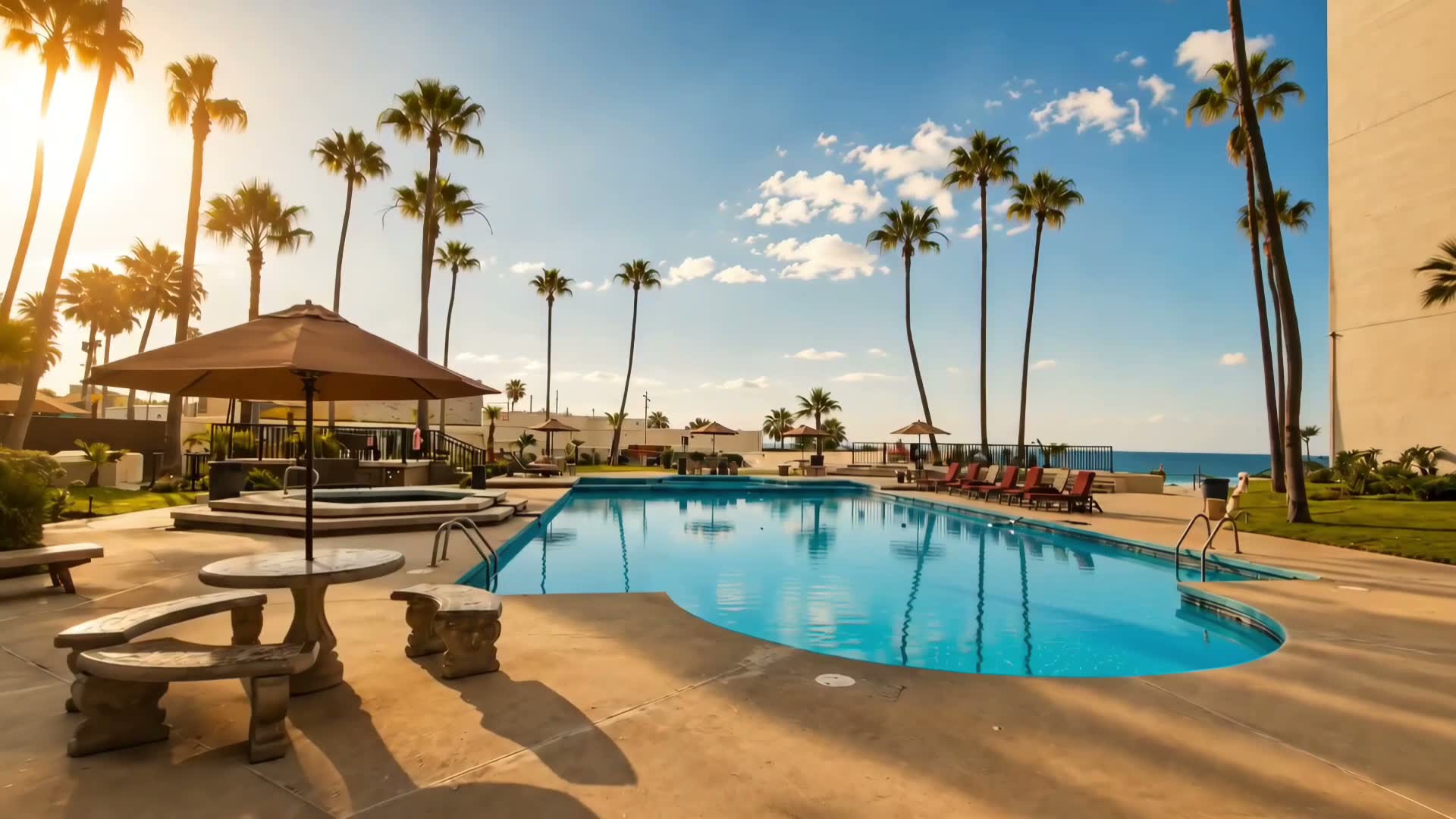 The beachfront pool at golden hour